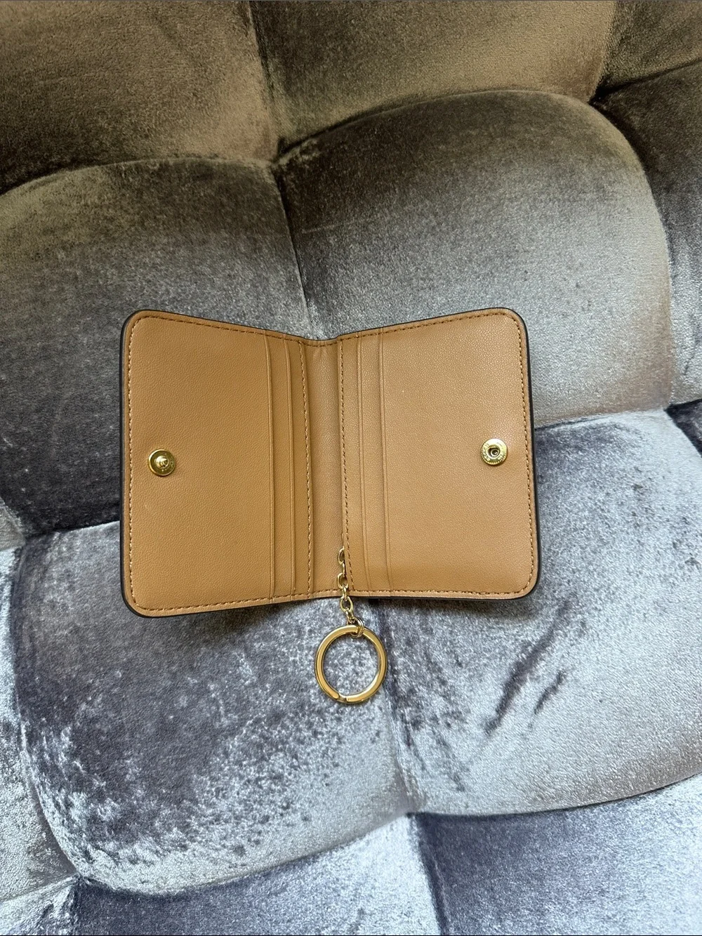 COACH Cream Floral Leather Card Holder with Pink Blooms